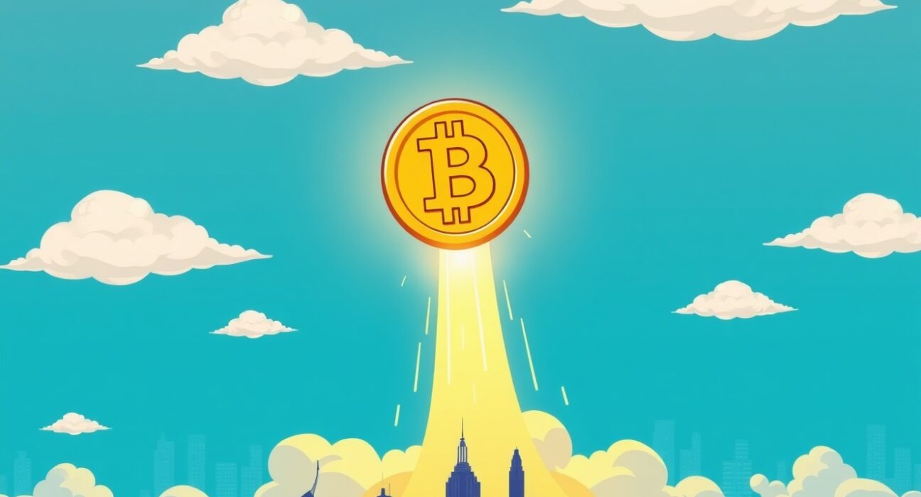 A vibrant cartoon illustration of a Bitcoin price chart dramatically rising, symbolizing the incredible surge in Bitcoin price.