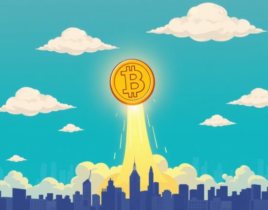 A vibrant cartoon illustration of a Bitcoin price chart dramatically rising, symbolizing the incredible surge in Bitcoin price.