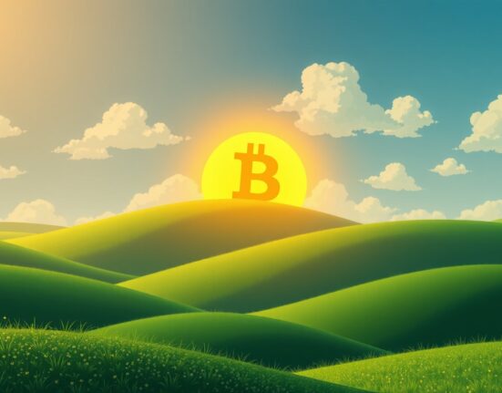 Bitcoin price surge symbolized by a rising golden coin in a hopeful landscape.