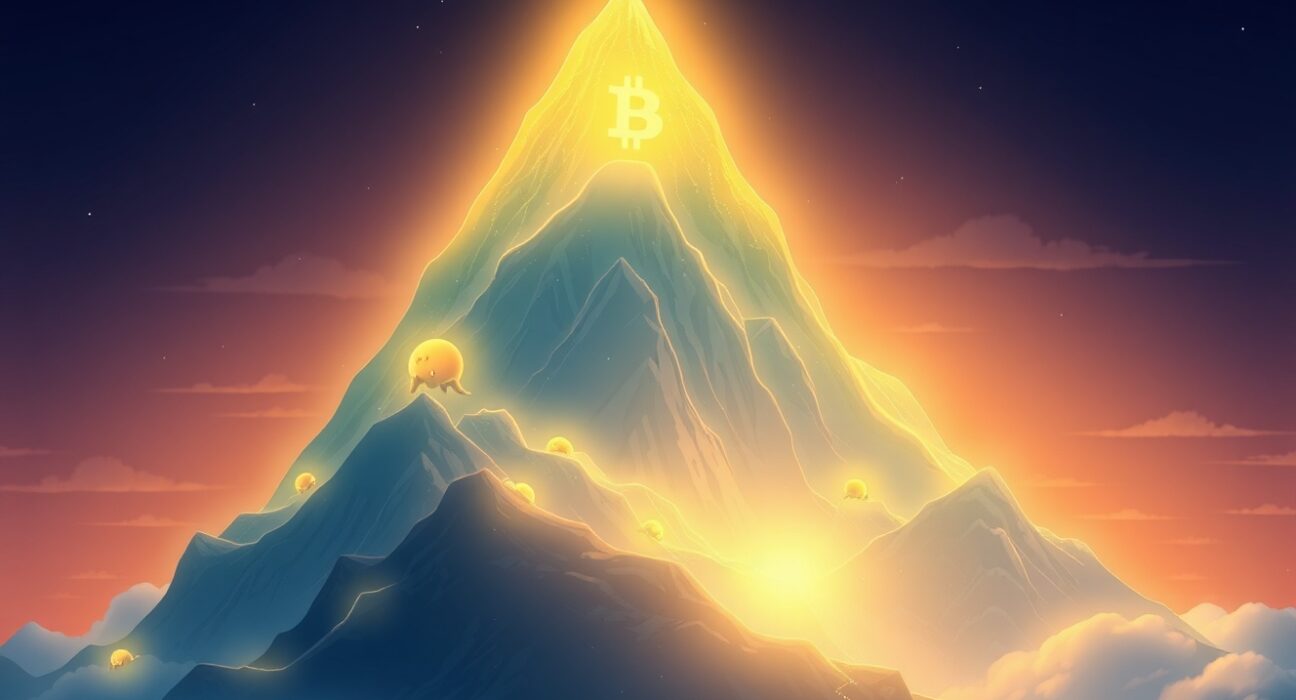 Bitcoin price surge represented as a glowing digital mountain peak in a serene landscape.