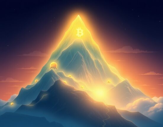 Bitcoin price surge represented as a glowing digital mountain peak in a serene landscape.