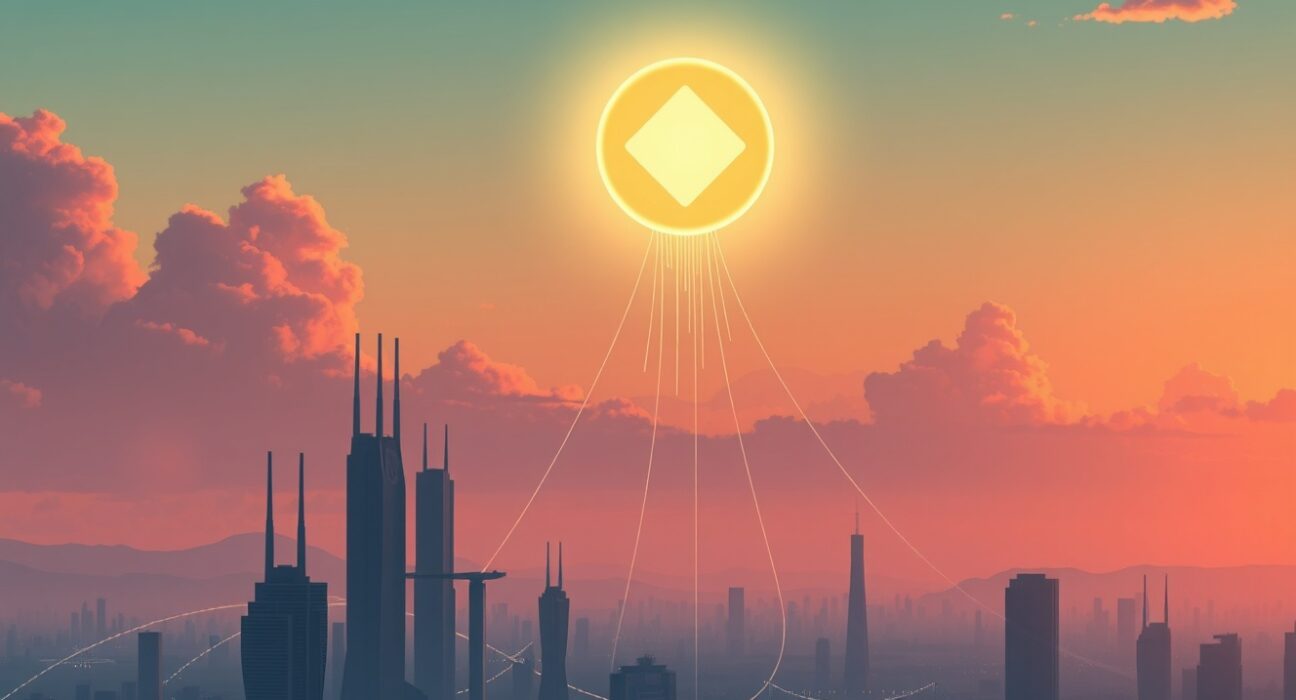 Bitcoin price surge represented as a glowing digital asset rising over a futuristic city at dusk.
