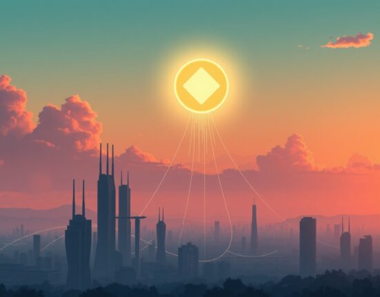 Bitcoin price surge represented as a glowing digital asset rising over a futuristic city at dusk.
