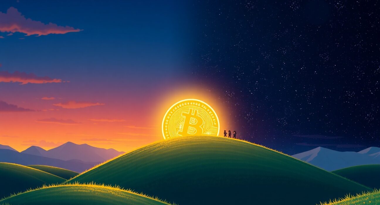 Bitcoin's value rising above $69,000 symbolized as a digital dawn in the cryptocurrency market.