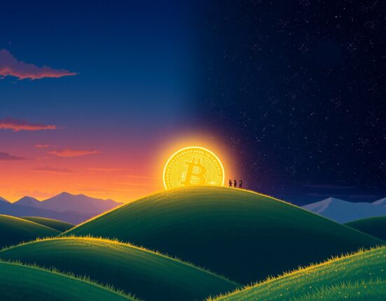 Bitcoin's value rising above $69,000 symbolized as a digital dawn in the cryptocurrency market.