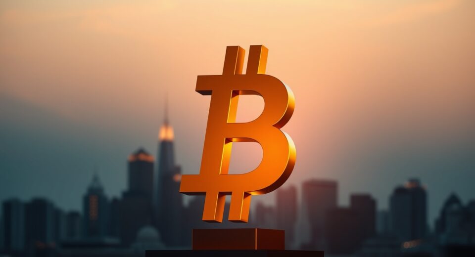 Bitcoin symbol rising against a global financial skyline, representing its price surge above