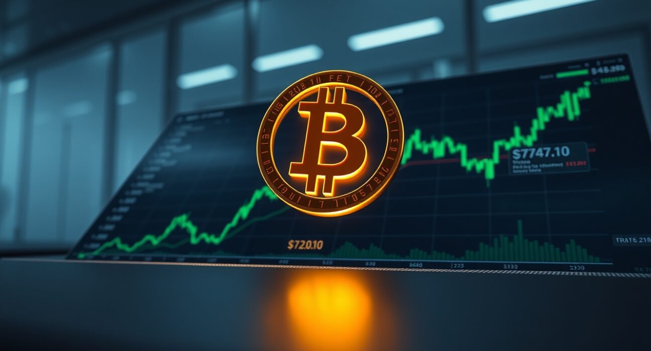 Bitcoin symbol above a financial chart showing its surge past $73,000.