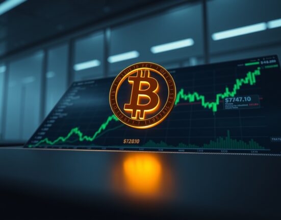 Bitcoin symbol above a financial chart showing its surge past $73,000.