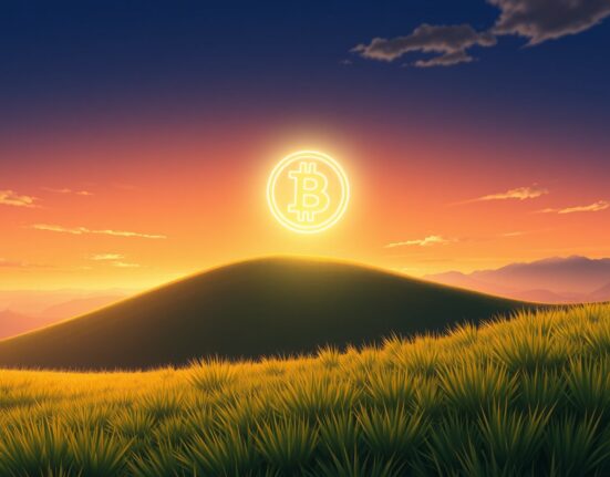 Bitcoin price milestone as a glowing digital asset in a serene landscape.