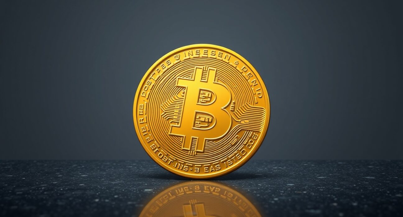 Bitcoin coin representing the cryptocurrency's surge above the $77,000 price milestone.