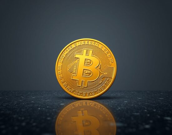 Bitcoin coin representing the cryptocurrency's surge above the $77,000 price milestone.