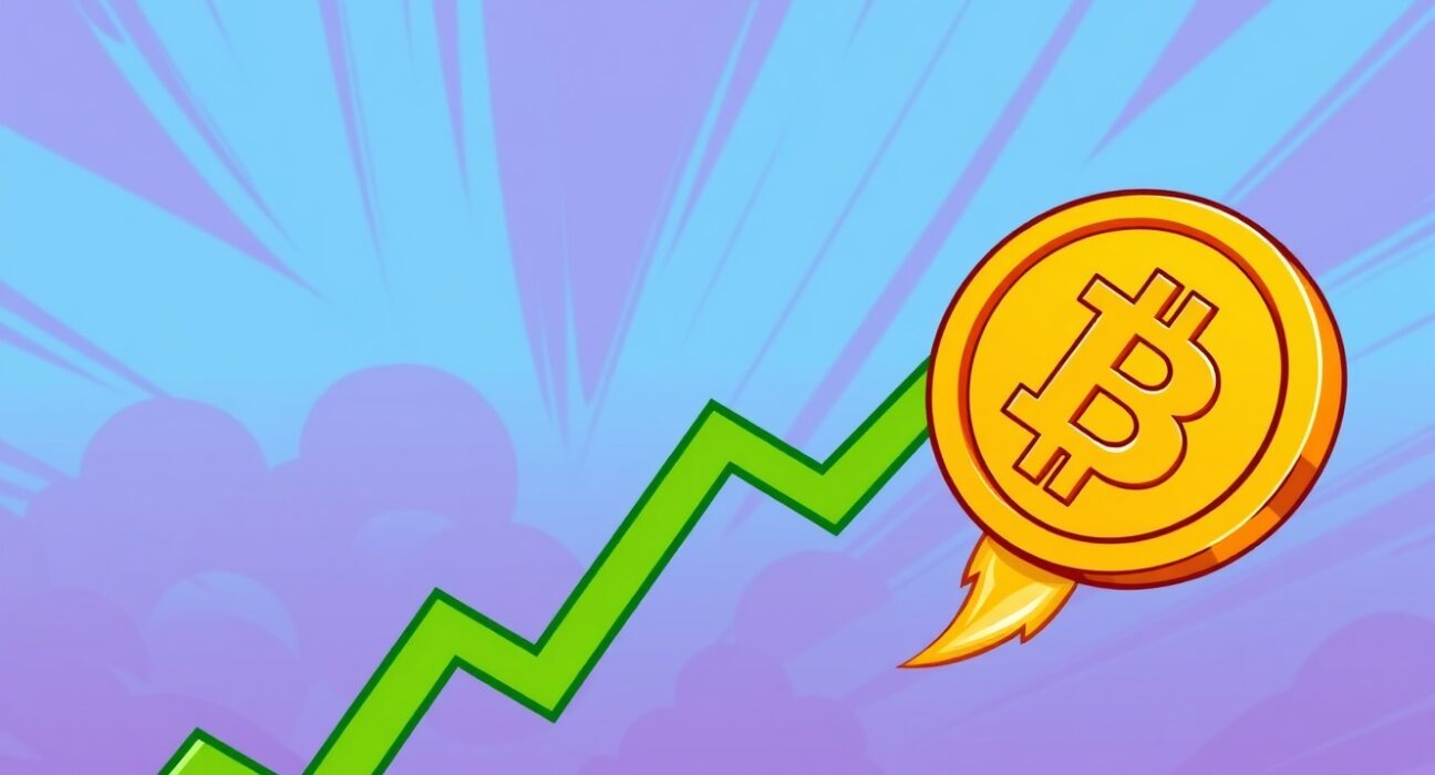 A cartoon Bitcoin coin celebrating as its price surges above $93,000 on a rising graph.