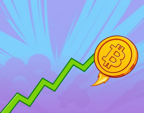 A cartoon Bitcoin coin celebrating as its price surges above $93,000 on a rising graph.
