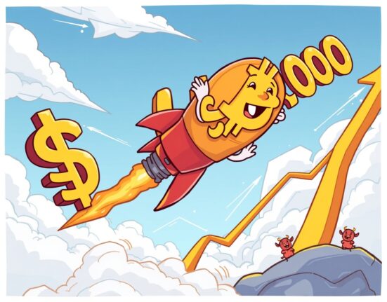 A cartoon Bitcoin rocket soaring past the $94,000 price milestone, symbolizing a major BTC price rally.