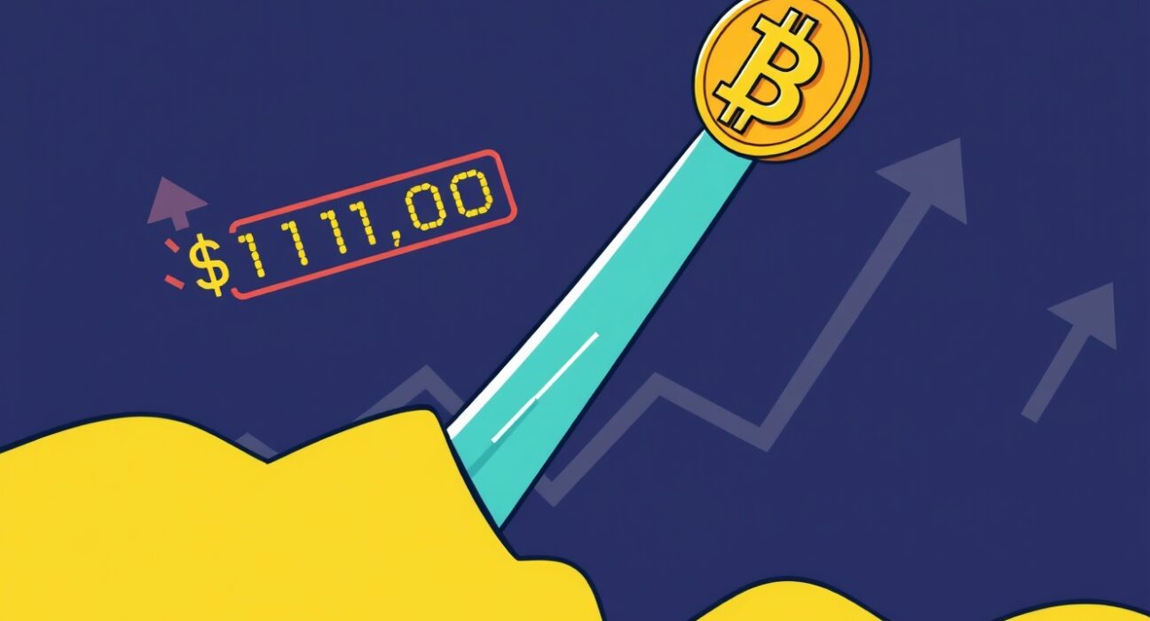 A vibrant cartoon showing the Bitcoin price rising above $111,000, symbolizing a strong market rally and a significant milestone.