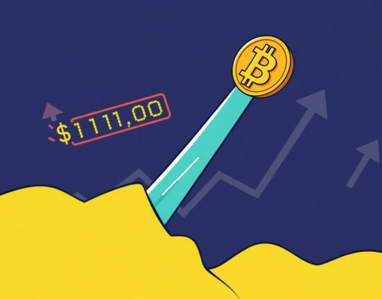 A vibrant cartoon showing the Bitcoin price rising above $111,000, symbolizing a strong market rally and a significant milestone.