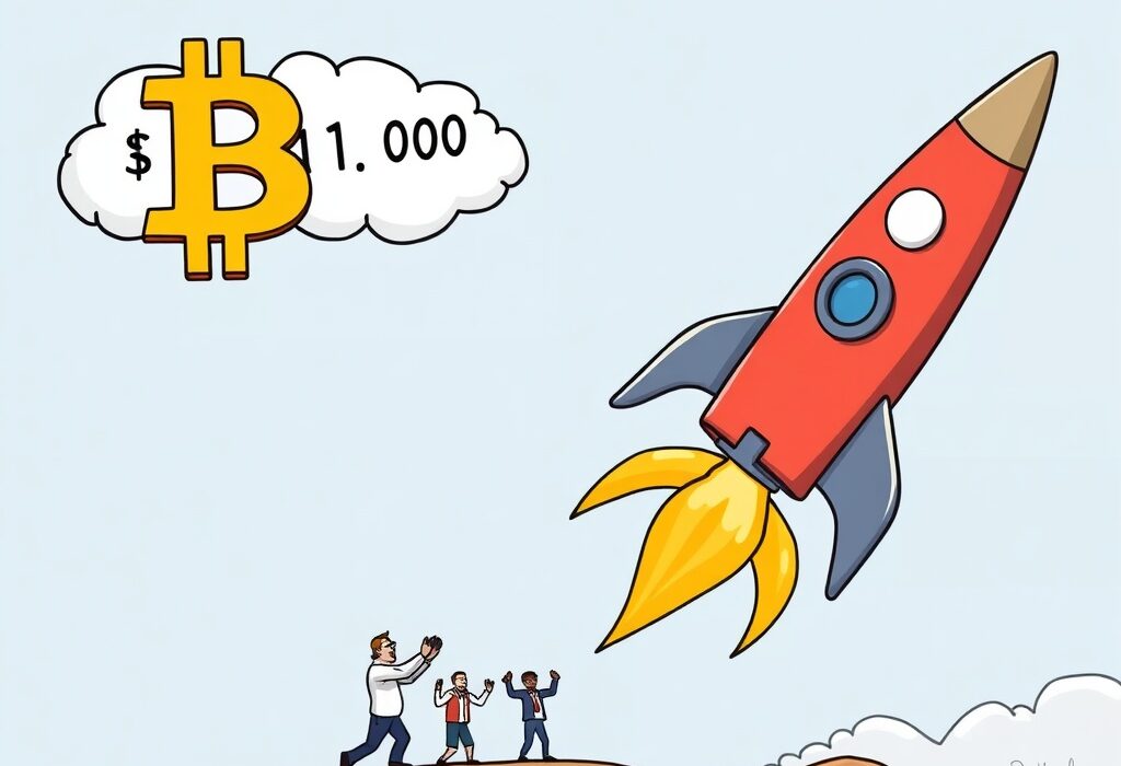 A cartoon illustration showing the Bitcoin price reaching an astounding $114,000, symbolizing rapid growth and market excitement.