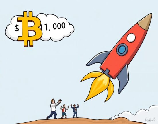 A cartoon illustration showing the Bitcoin price reaching an astounding $114,000, symbolizing rapid growth and market excitement.