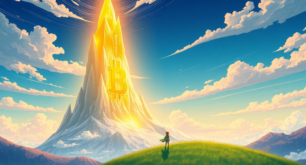 Bitcoin's value represented as a glowing digital mountain in a fantastical landscape, symbolizing its market milestone.