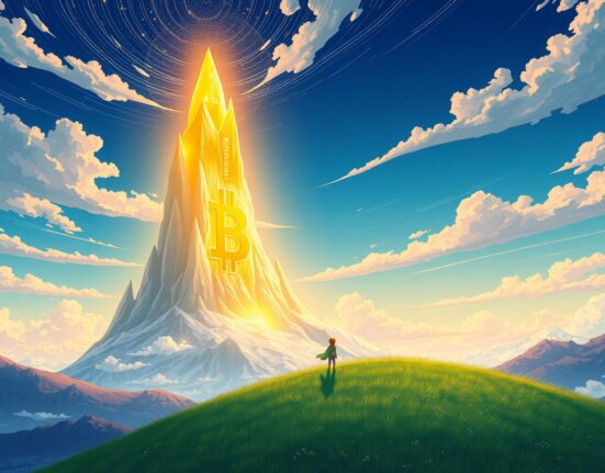 Bitcoin's value represented as a glowing digital mountain in a fantastical landscape, symbolizing its market milestone.