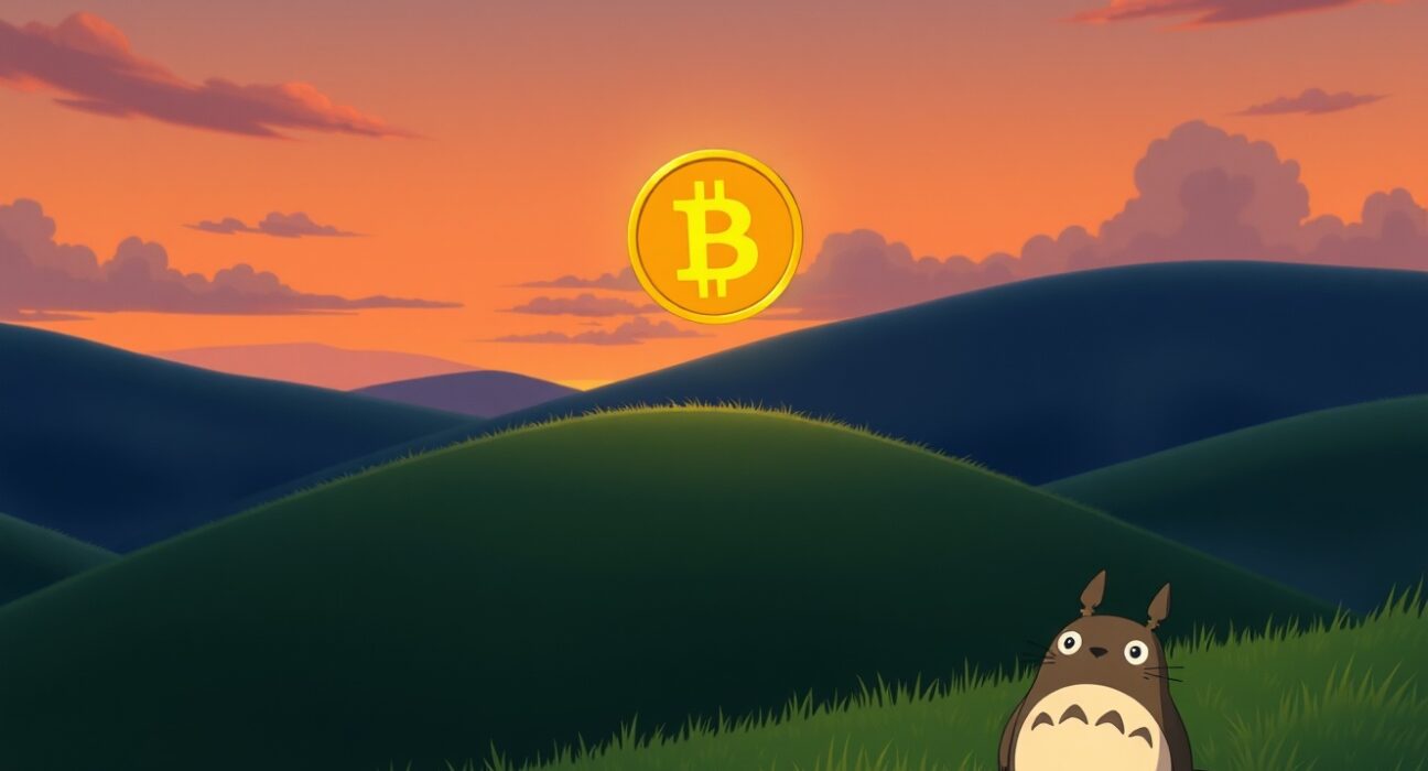 Bitcoin price milestone as a glowing digital asset in a serene landscape