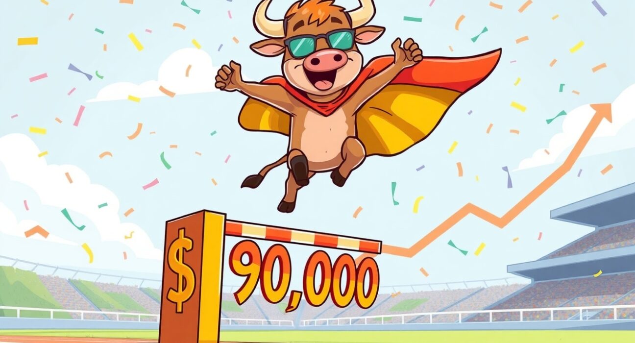 A triumphant cartoon bull leaping over the $90,000 Bitcoin price milestone.