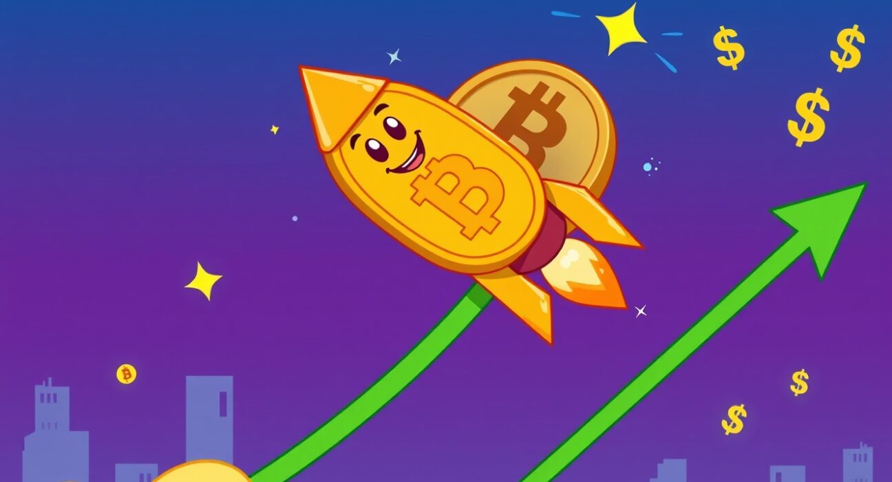 A cartoon Bitcoin coin rockets upward on a graph, symbolizing the dramatic Bitcoin price surge.