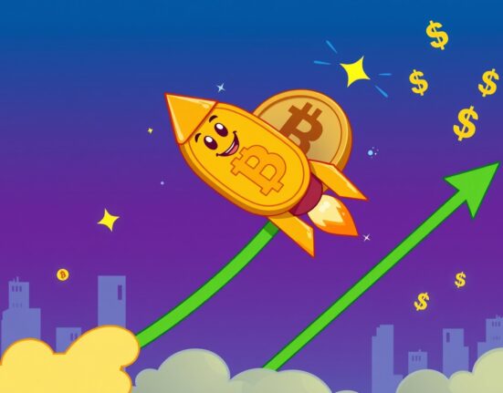 A cartoon Bitcoin coin rockets upward on a graph, symbolizing the dramatic Bitcoin price surge.