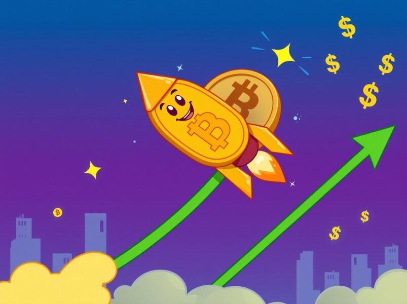 A cartoon Bitcoin coin rockets upward on a graph, symbolizing the dramatic Bitcoin price surge.