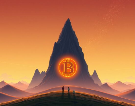 Bitcoin's price surge above $97,000 represented as a majestic digital mountain in a fantastical landscape.