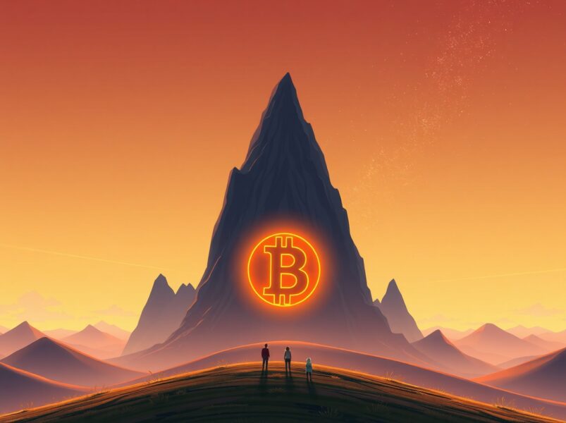 Bitcoin's price surge above $97,000 represented as a majestic digital mountain in a fantastical landscape.