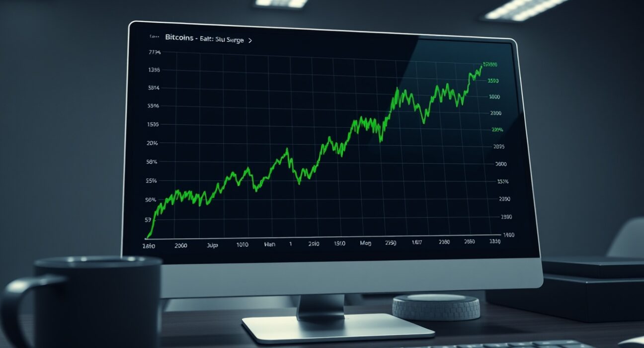Bitcoin price surge shown on a digital financial chart display during a major market rally.