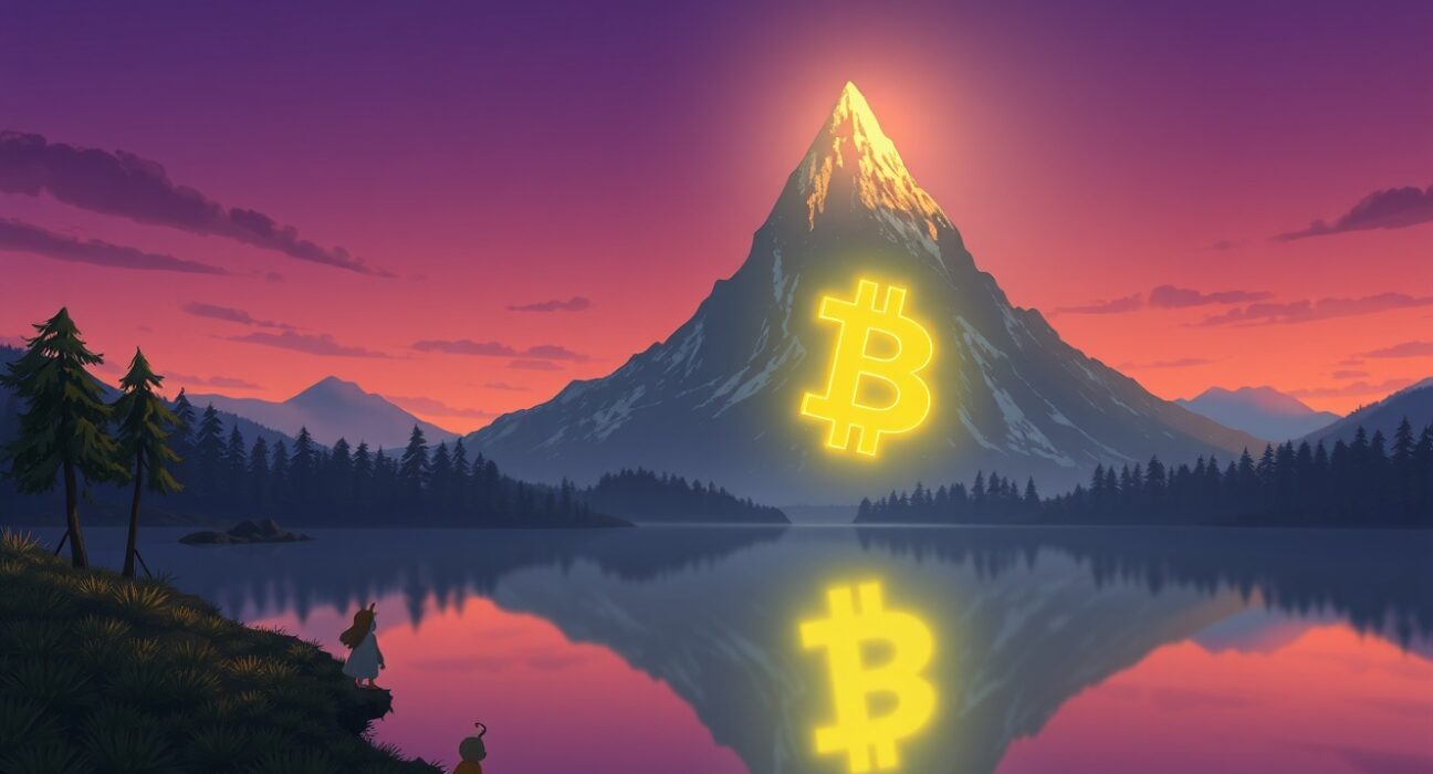 Bitcoin price milestone of $72,000 represented as a glowing digital mountain in a serene landscape.