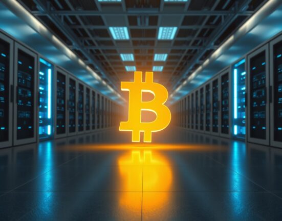 Bitcoin symbol illuminated on a trading floor representing its surge past $73,000.