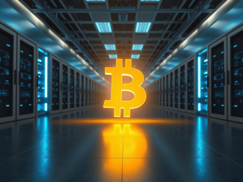 Bitcoin symbol illuminated on a trading floor representing its surge past $73,000.