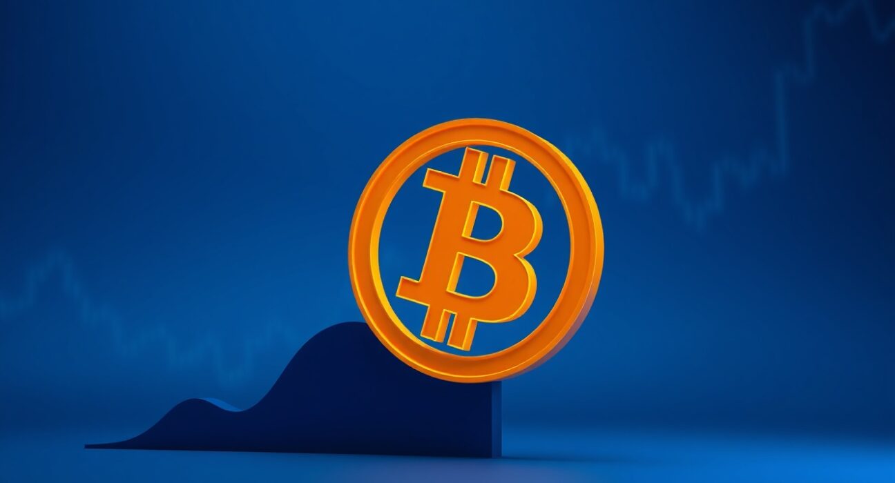 Bitcoin symbol rising, representing the BTC price surge above $74,000.
