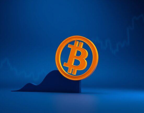 Bitcoin symbol rising, representing the BTC price surge above $74,000.