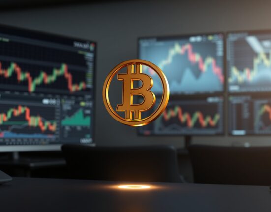 Bitcoin symbol representing its surge above the $77,000 price milestone in financial markets.