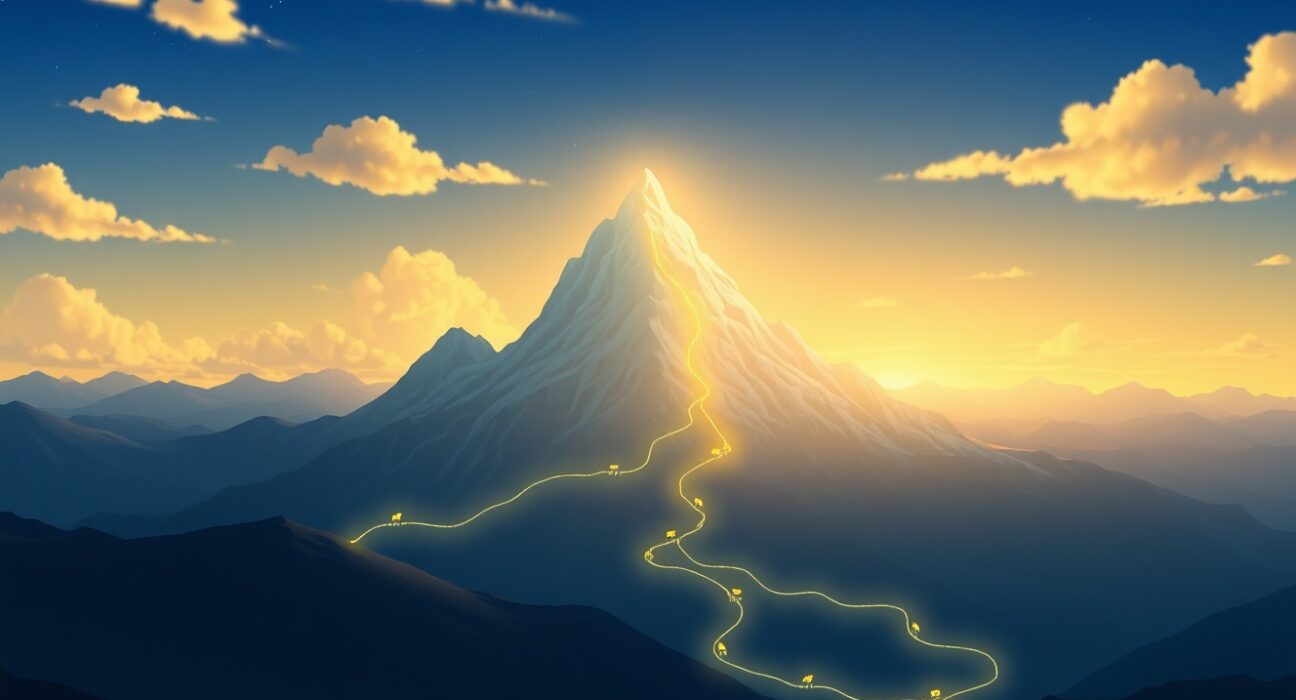 Bitcoin achieving a new price milestone above $83,000 represented as a digital mountain peak.