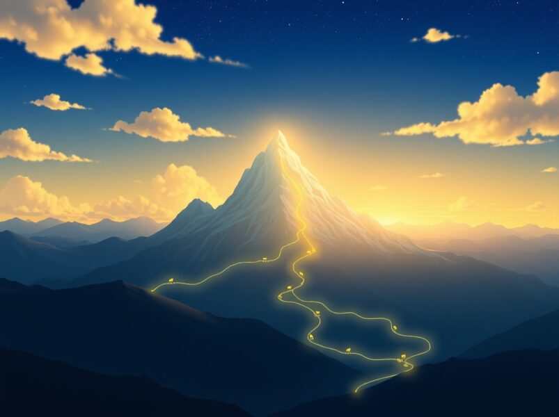 Bitcoin achieving a new price milestone above $83,000 represented as a digital mountain peak.