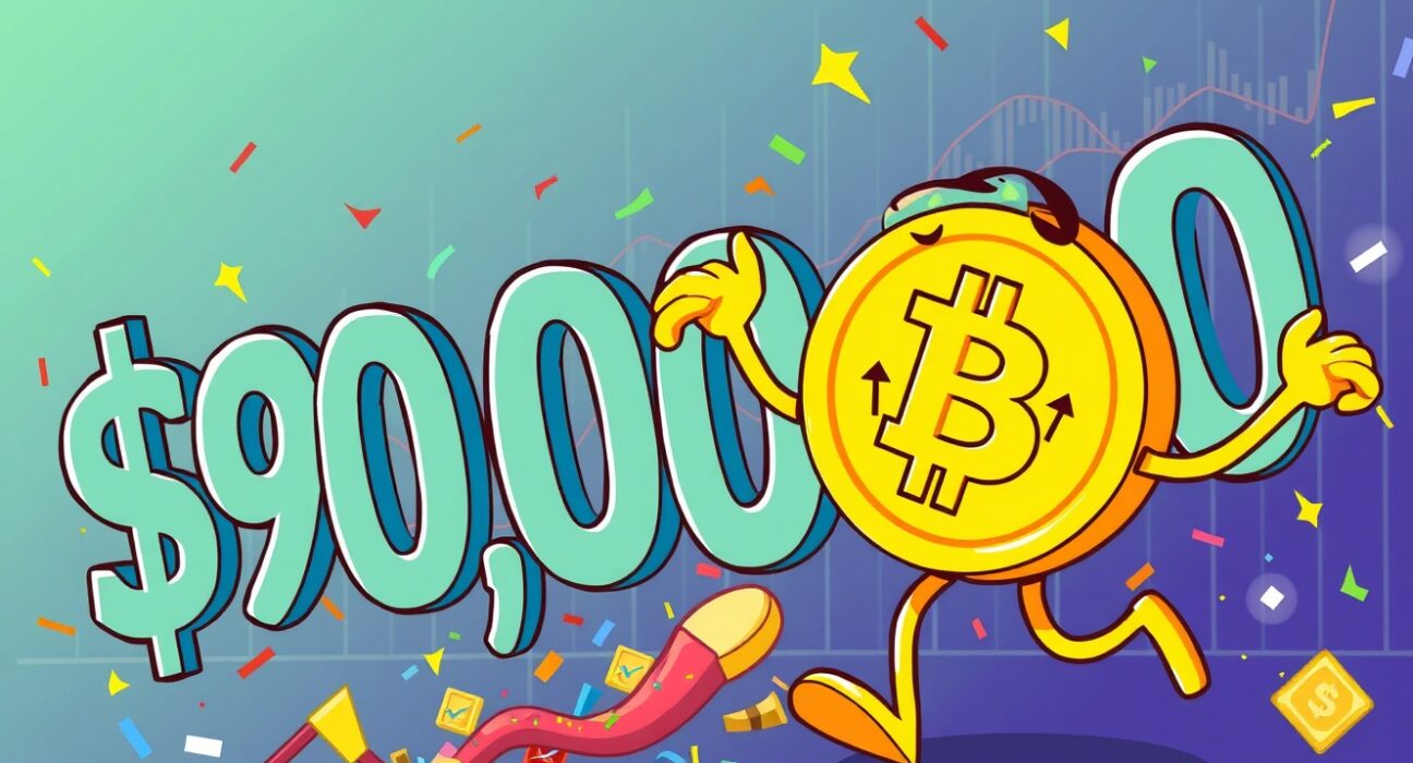 Bitcoin coin triumphantly breaking through the $90,000 BTC price barrier in a vibrant cartoon style.