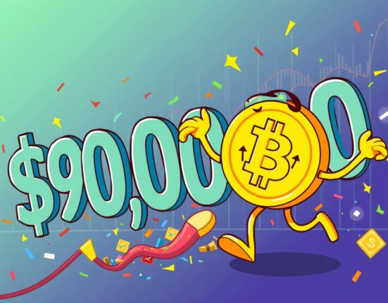 Bitcoin coin triumphantly breaking through the $90,000 BTC price barrier in a vibrant cartoon style.