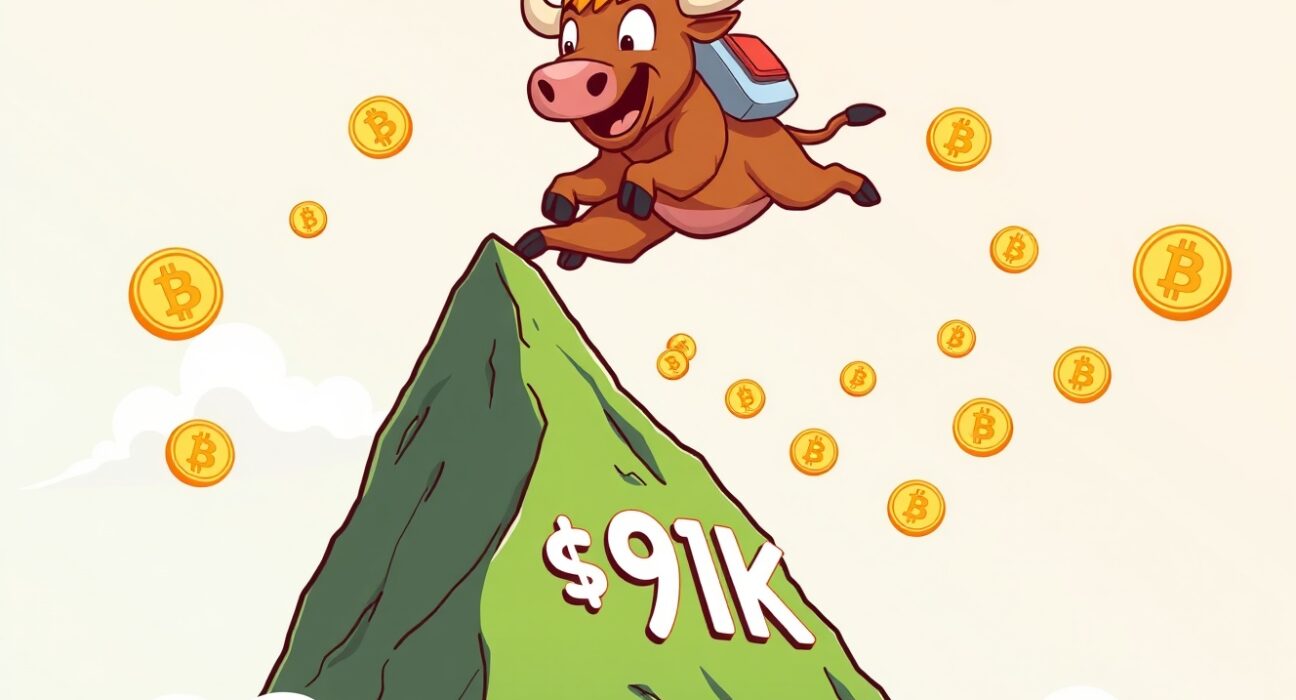 A cartoon bull rocketing past the Bitcoin price milestone of $91,000, symbolizing a major market surge.