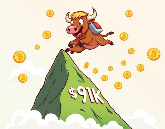 A cartoon bull rocketing past the Bitcoin price milestone of $91,000, symbolizing a major market surge.