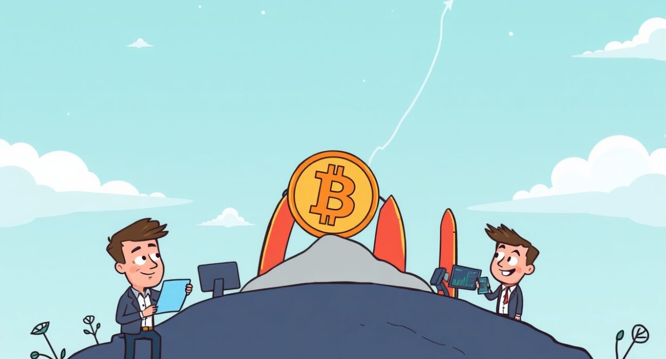 A cartoon Bitcoin rocket preparing for launch, symbolizing the potential for a new Bitcoin price target after market analysis.