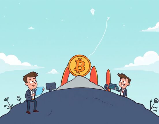 A cartoon Bitcoin rocket preparing for launch, symbolizing the potential for a new Bitcoin price target after market analysis.
