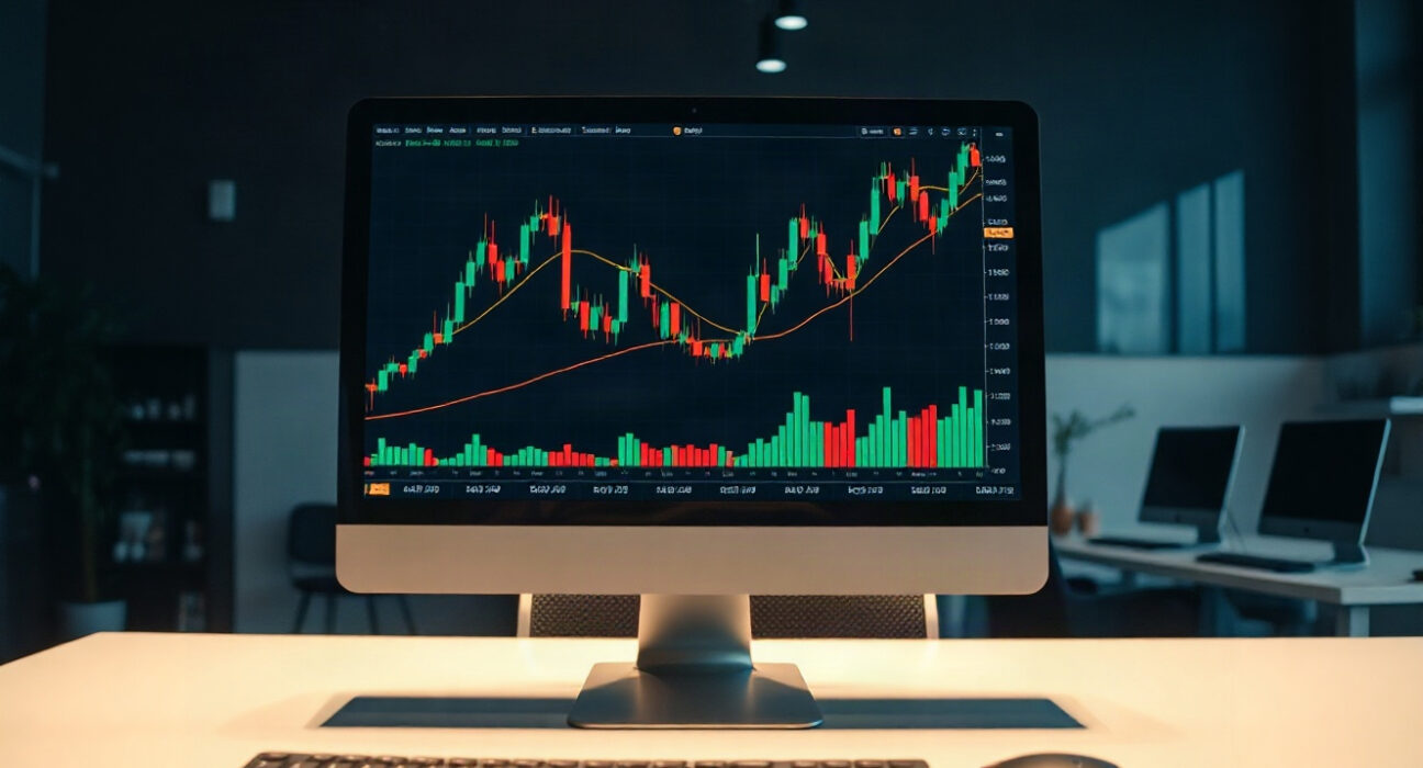 Bitcoin price chart on a monitor testing the 0.786 Fibonacci Arc level.