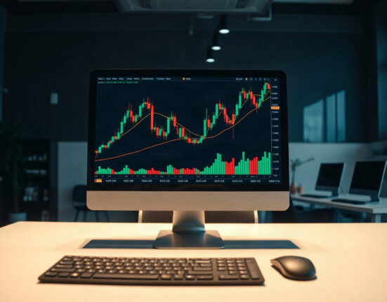 Bitcoin price chart on a monitor testing the 0.786 Fibonacci Arc level.