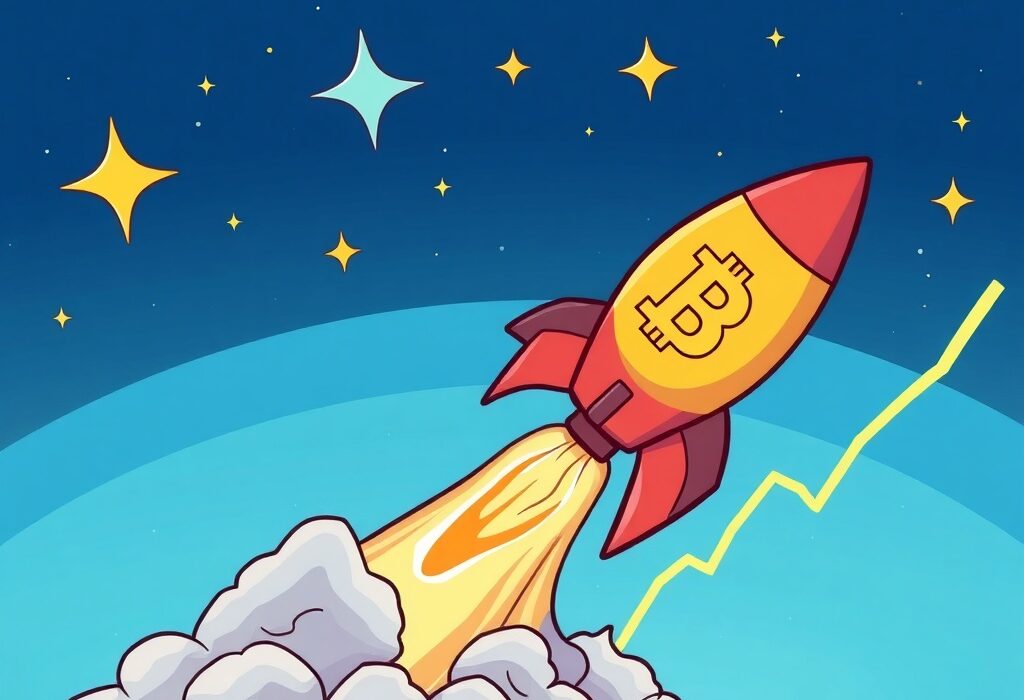 A cartoon Bitcoin rocket soaring upwards, illustrating the explosive Bitcoin price surge and its breakout above key resistance levels.