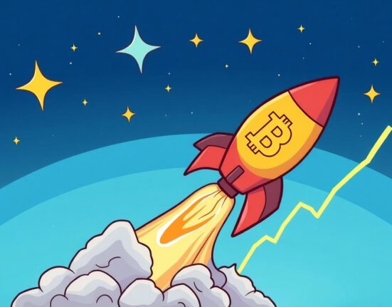 A cartoon Bitcoin rocket soaring upwards, illustrating the explosive Bitcoin price surge and its breakout above key resistance levels.